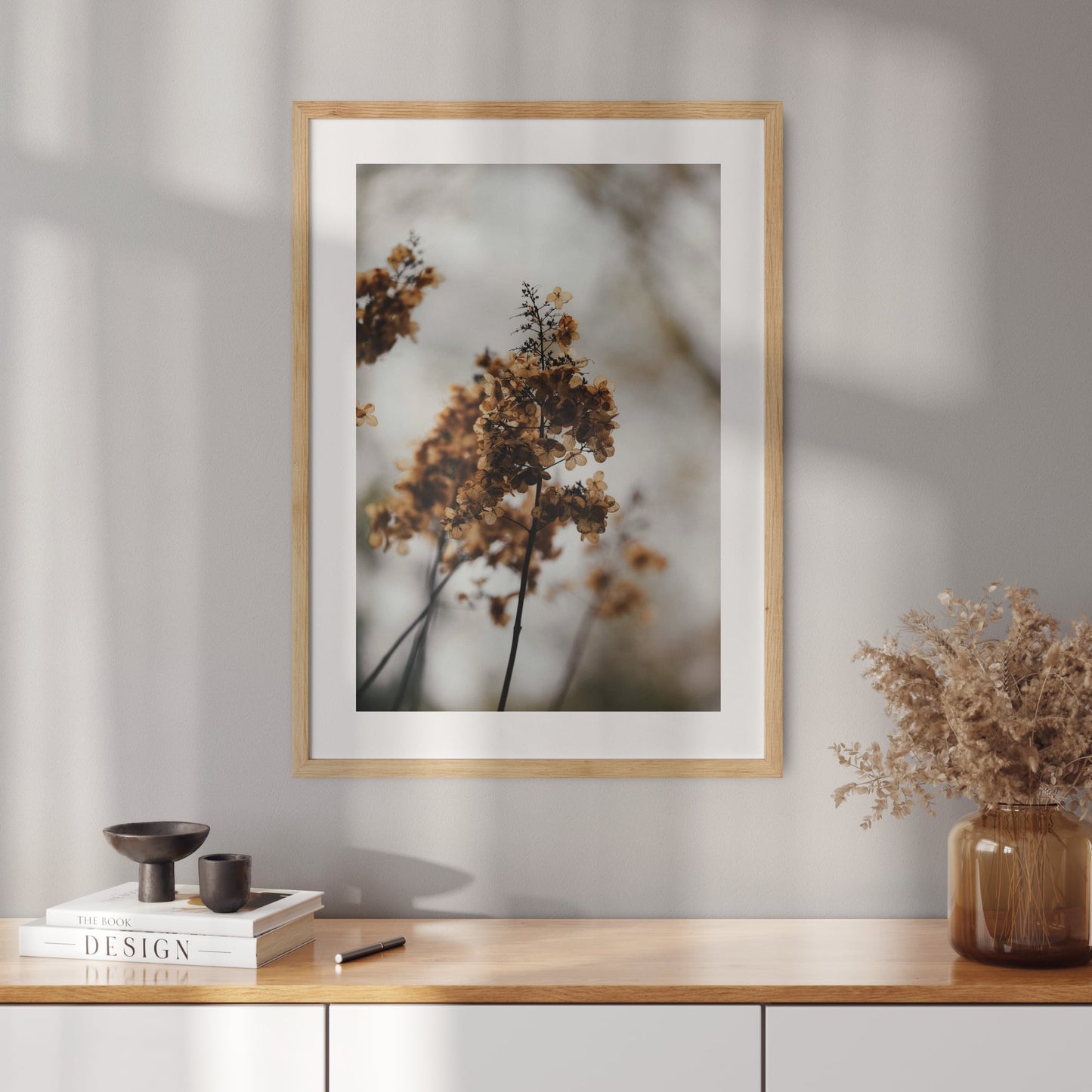 Poster with a photo of a dried hydrangea