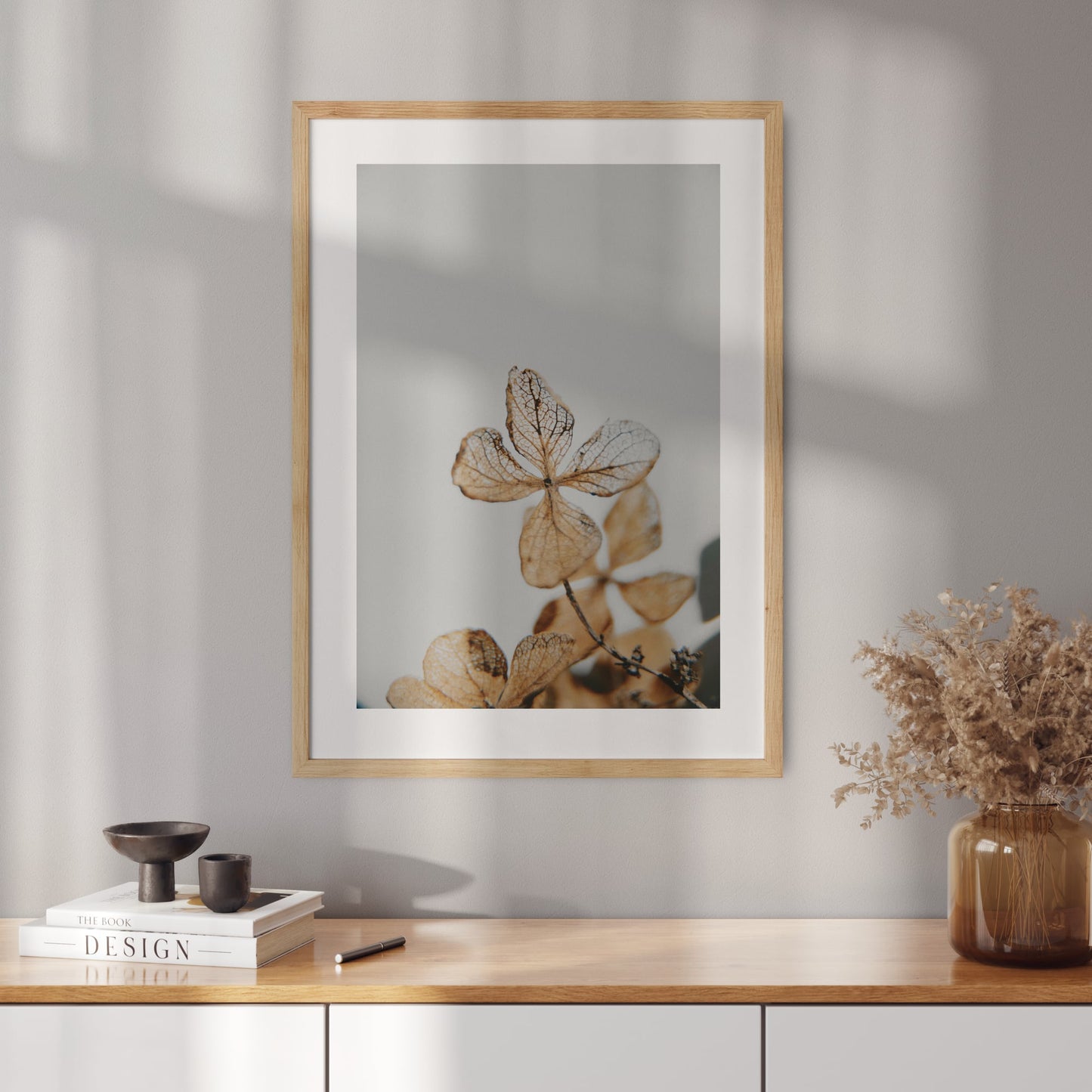 Poster with a photo of a dried hydrangea detail