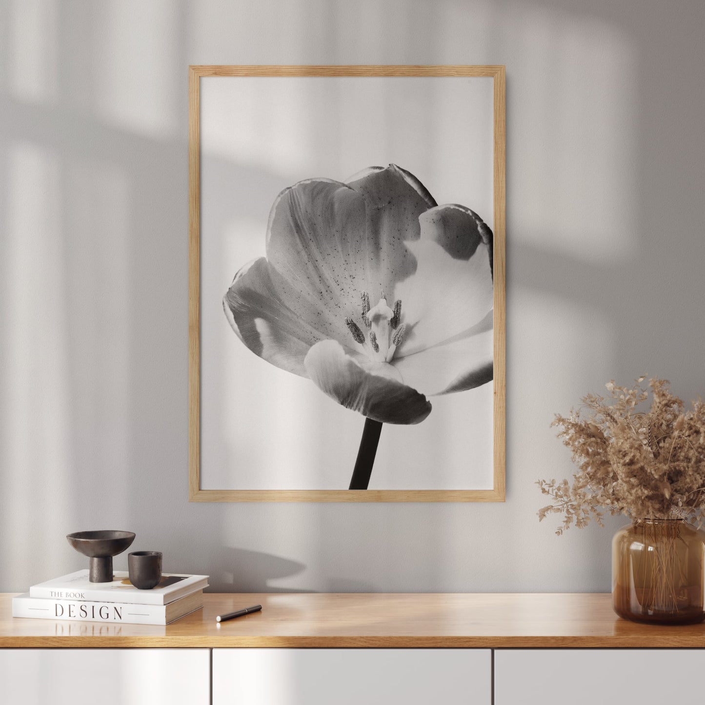 Poster with a photo of a white tulip