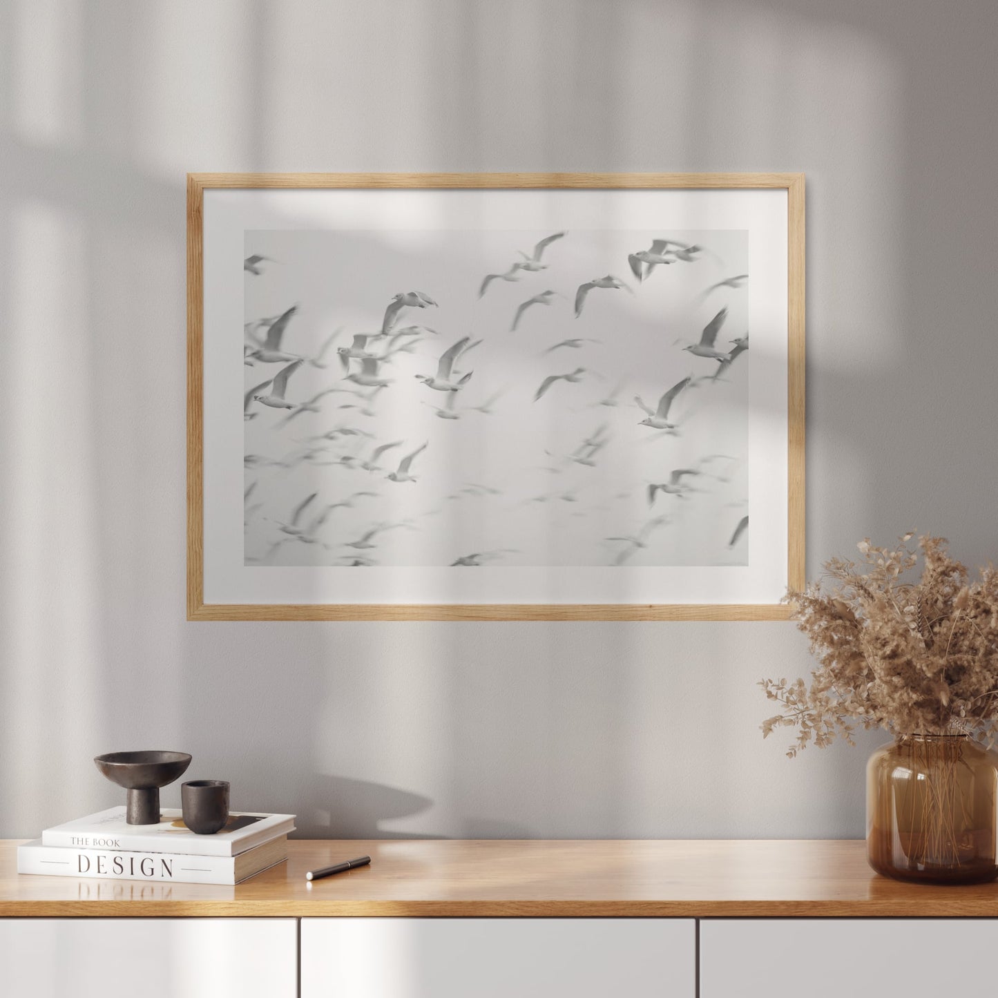 Poster with a photo of flying seagulls