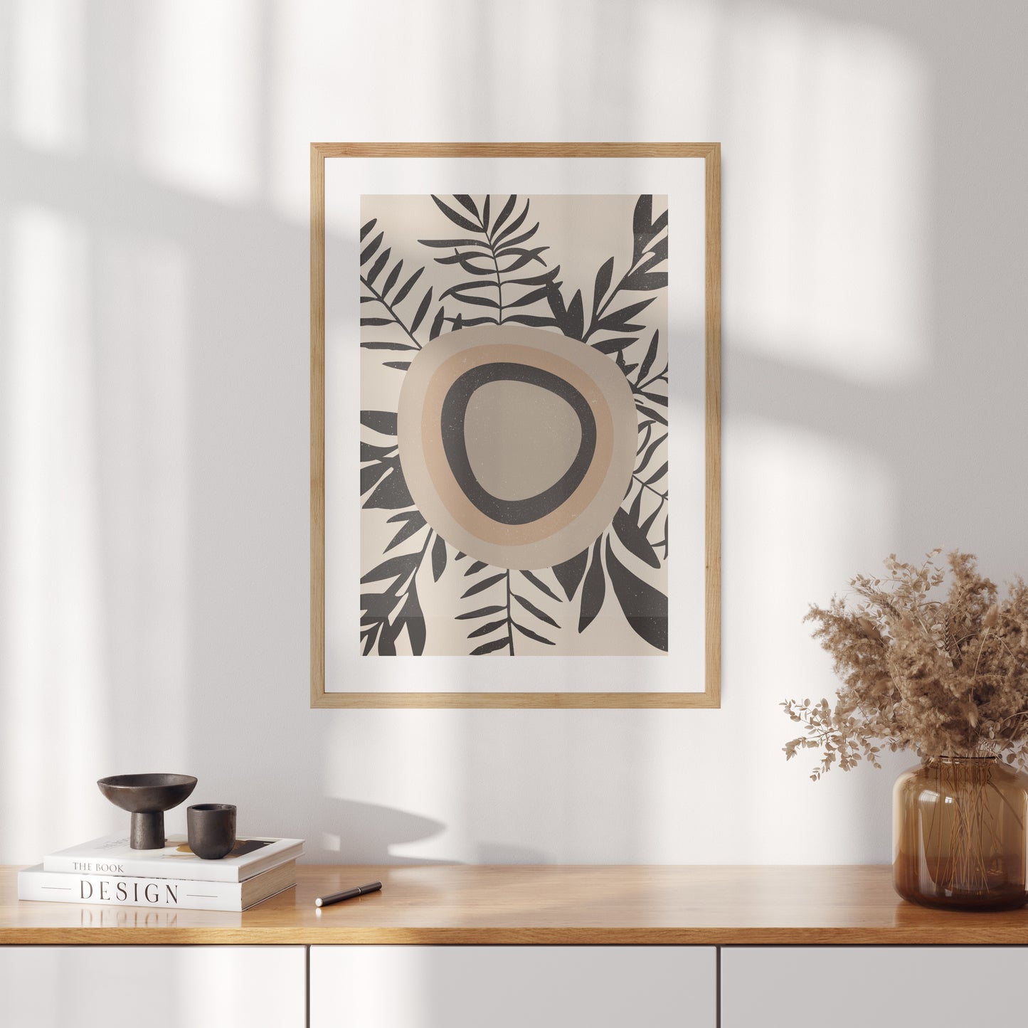 Boho poster of geometric shapes with palm leaves