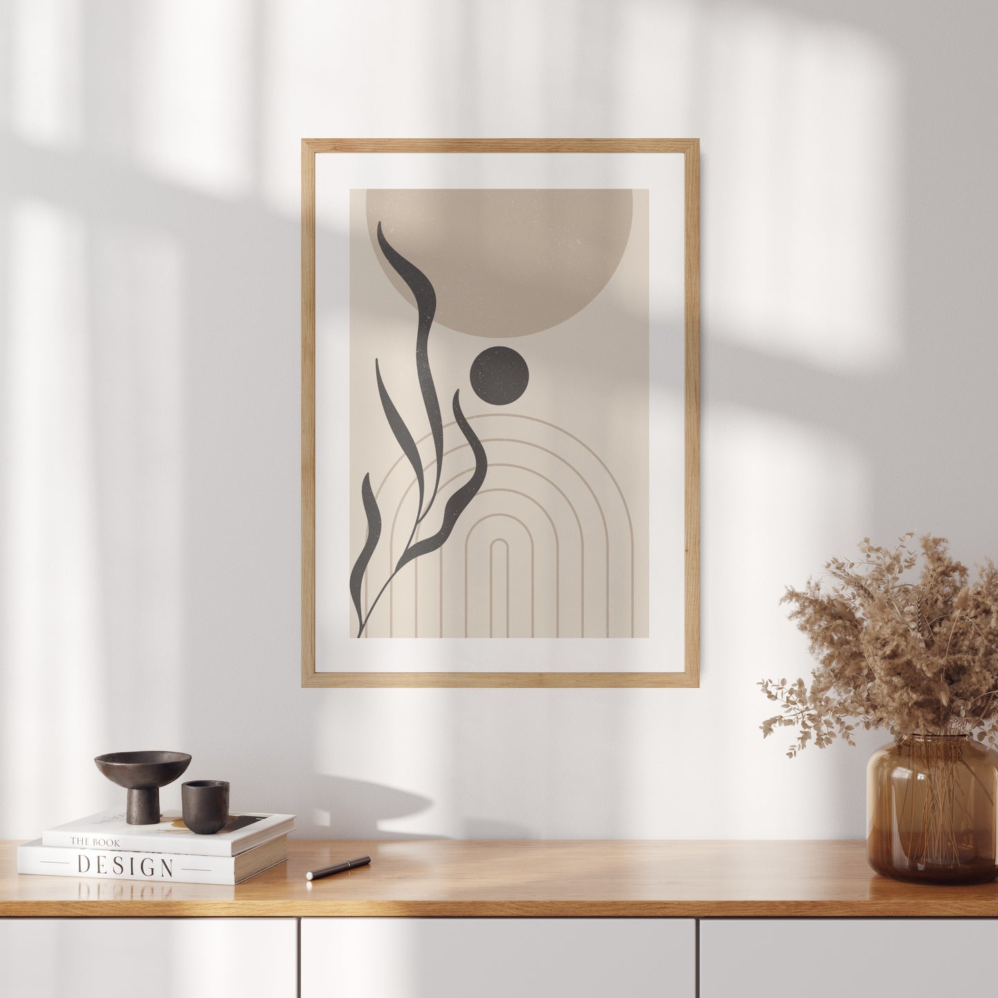Boho poster with geometric shapes with palm leaf silhouette