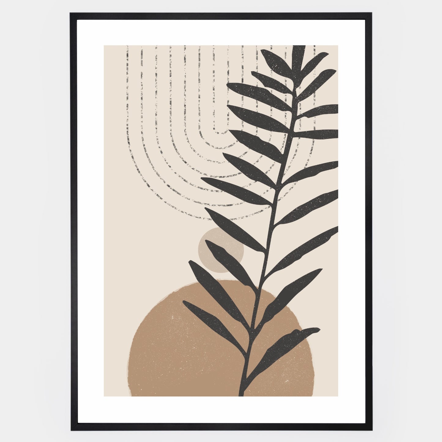 Boho poster with rounded geometric shapes with palm leaf silhouette