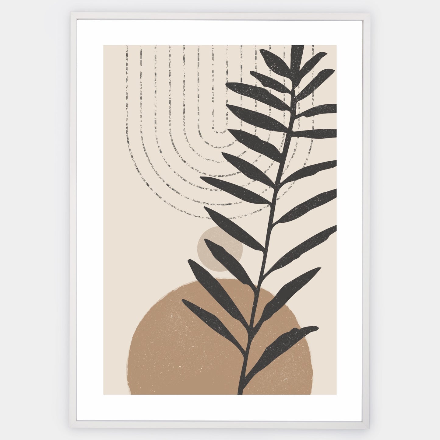 Boho poster with rounded geometric shapes with palm leaf silhouette