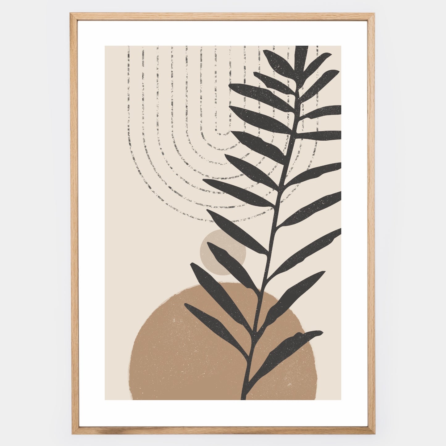 Boho poster with rounded geometric shapes with palm leaf silhouette