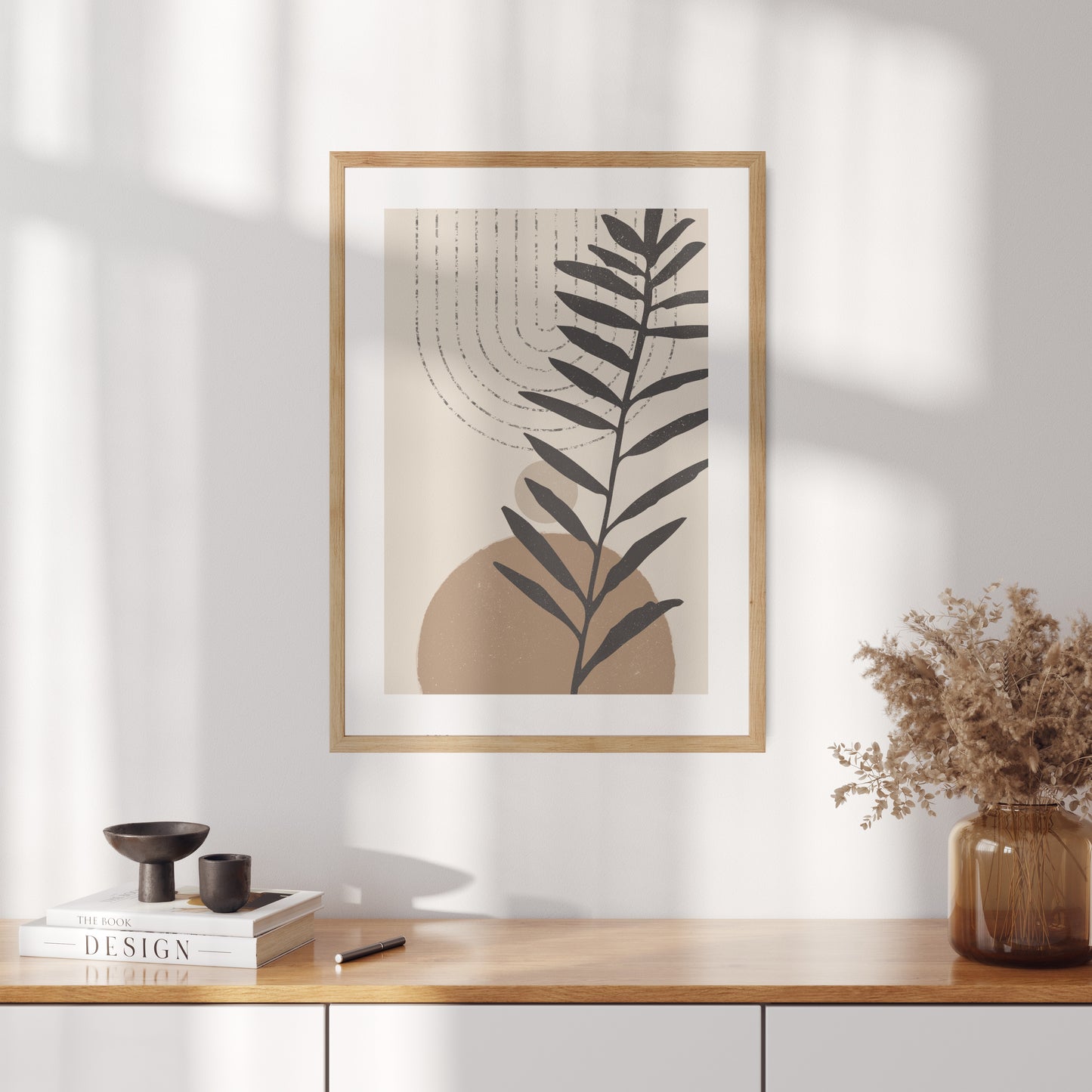 Boho poster with rounded geometric shapes with palm leaf silhouette