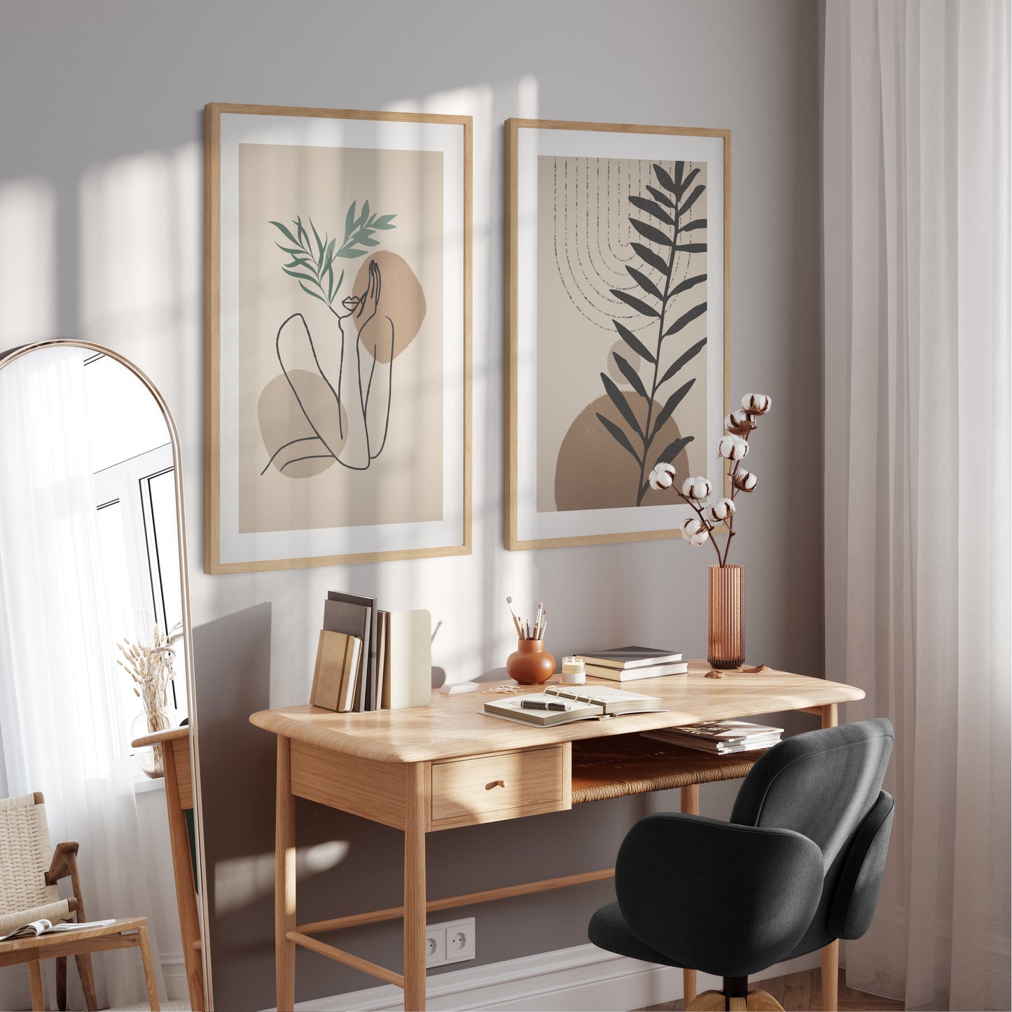 Boho poster with rounded geometric shapes with palm leaf silhouette